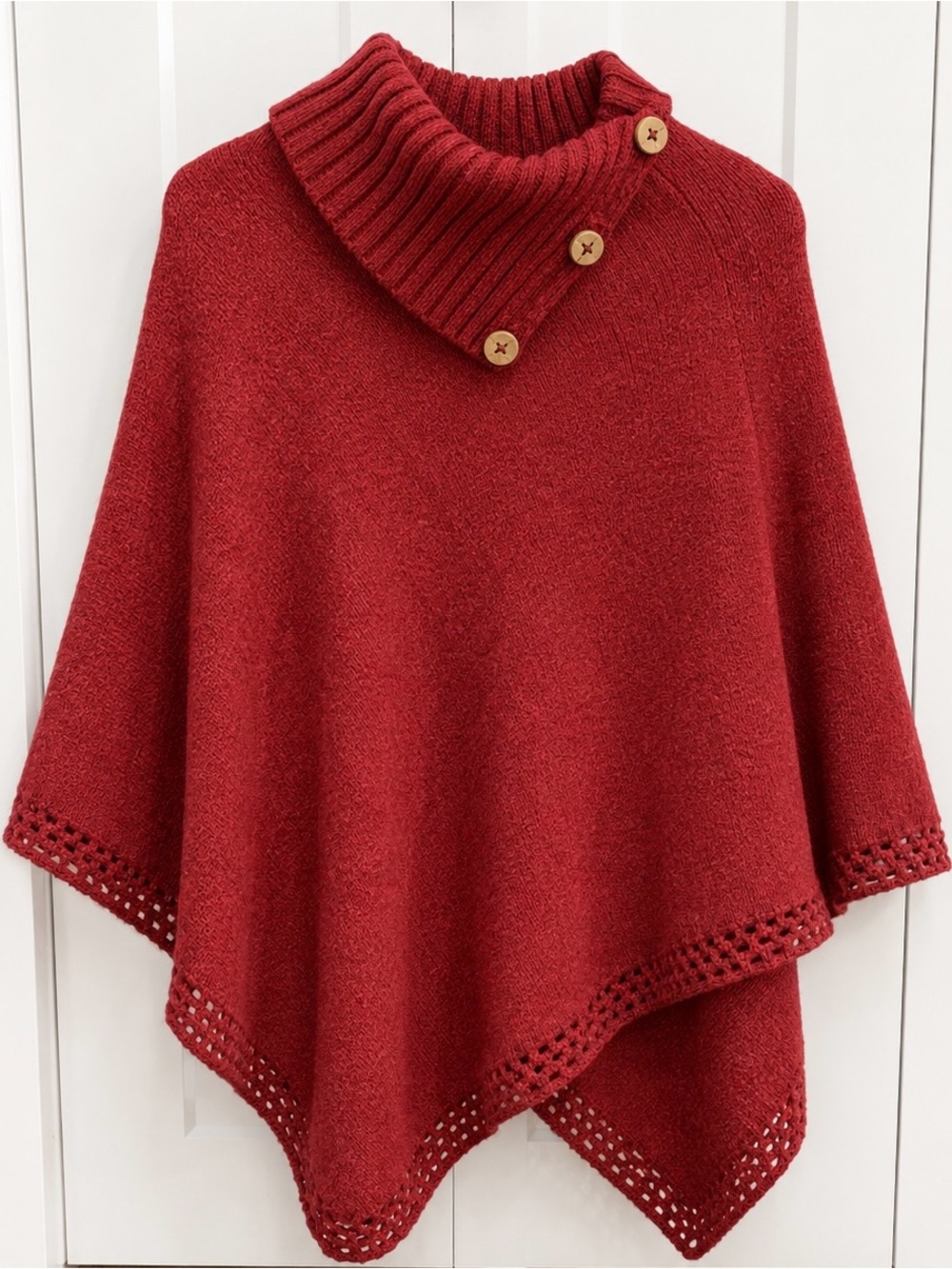 Women’s Red Button-Shoulder Knit Poncho Sweater